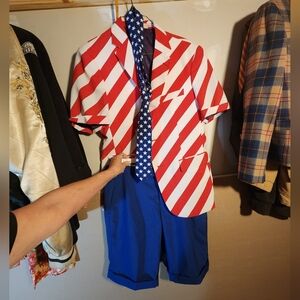 Oppo Red and White Striped Blazer with Blue Shorts and Star Tie